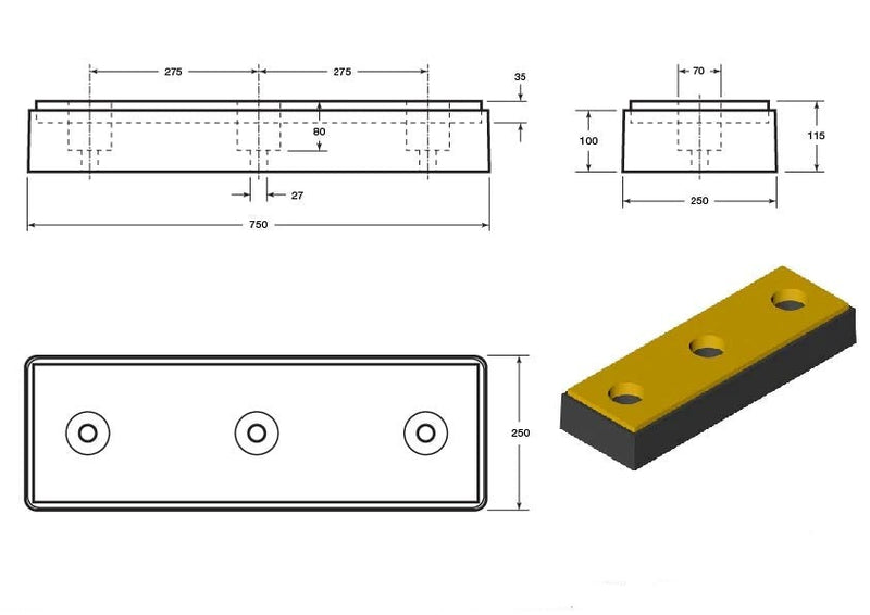 Dark Slate Gray SBR Rubber Dock Bumper 750 x 250 x 115mm