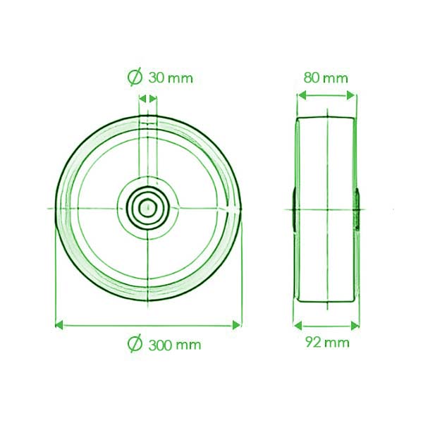 Honeydew 300mm Polyurethane Tyre on Cast Iron Centre Wheel 30mm Bore